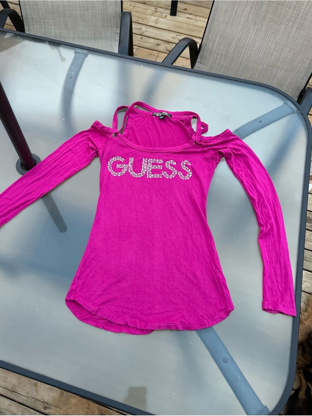 GUESS Fuchsia Cold-Shoulder Long Sleeve Tee with Rhinestone Logo